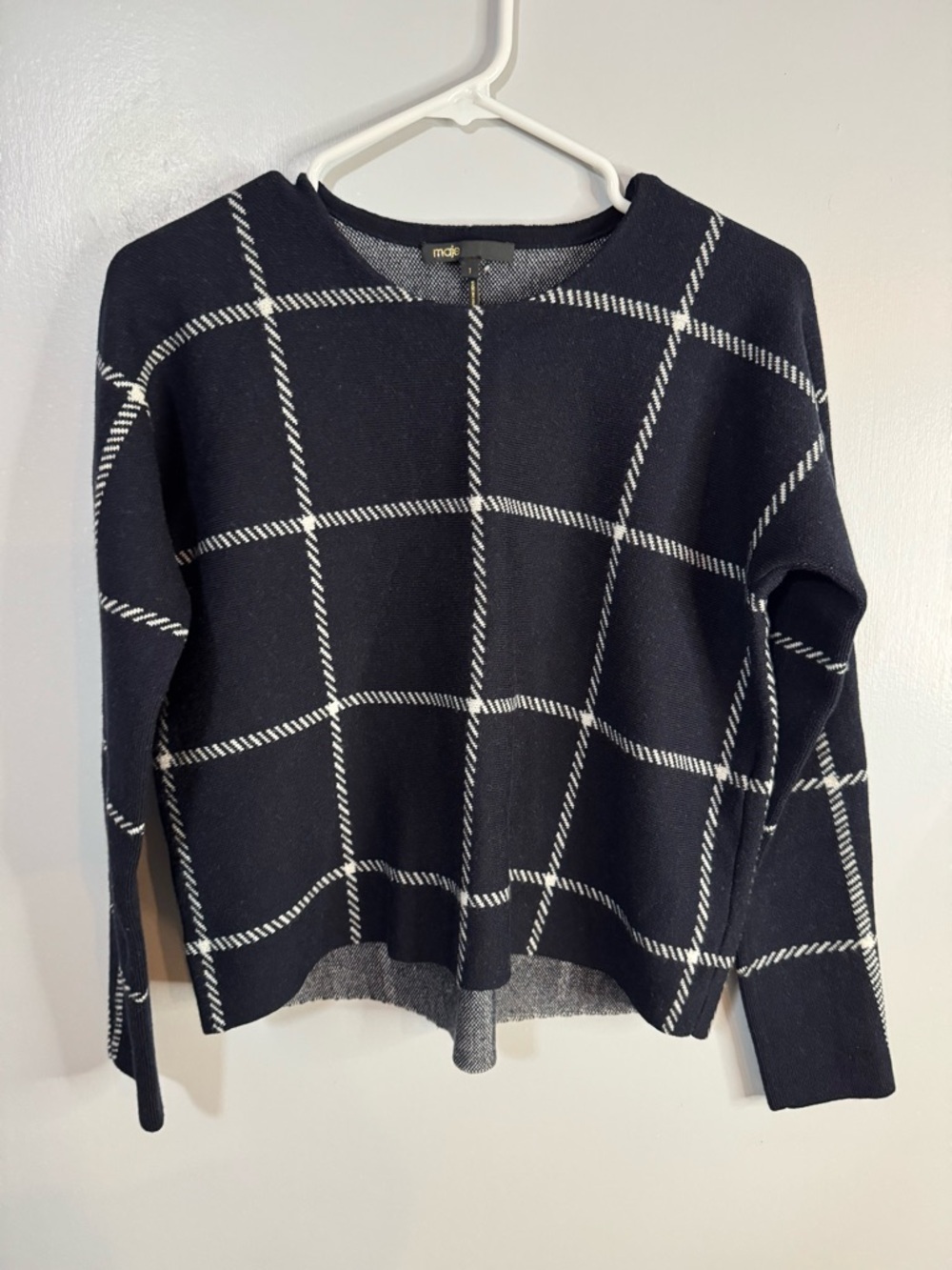 Maje Black Knit Crewneck Sweater with White Windowpane Size 1 Small